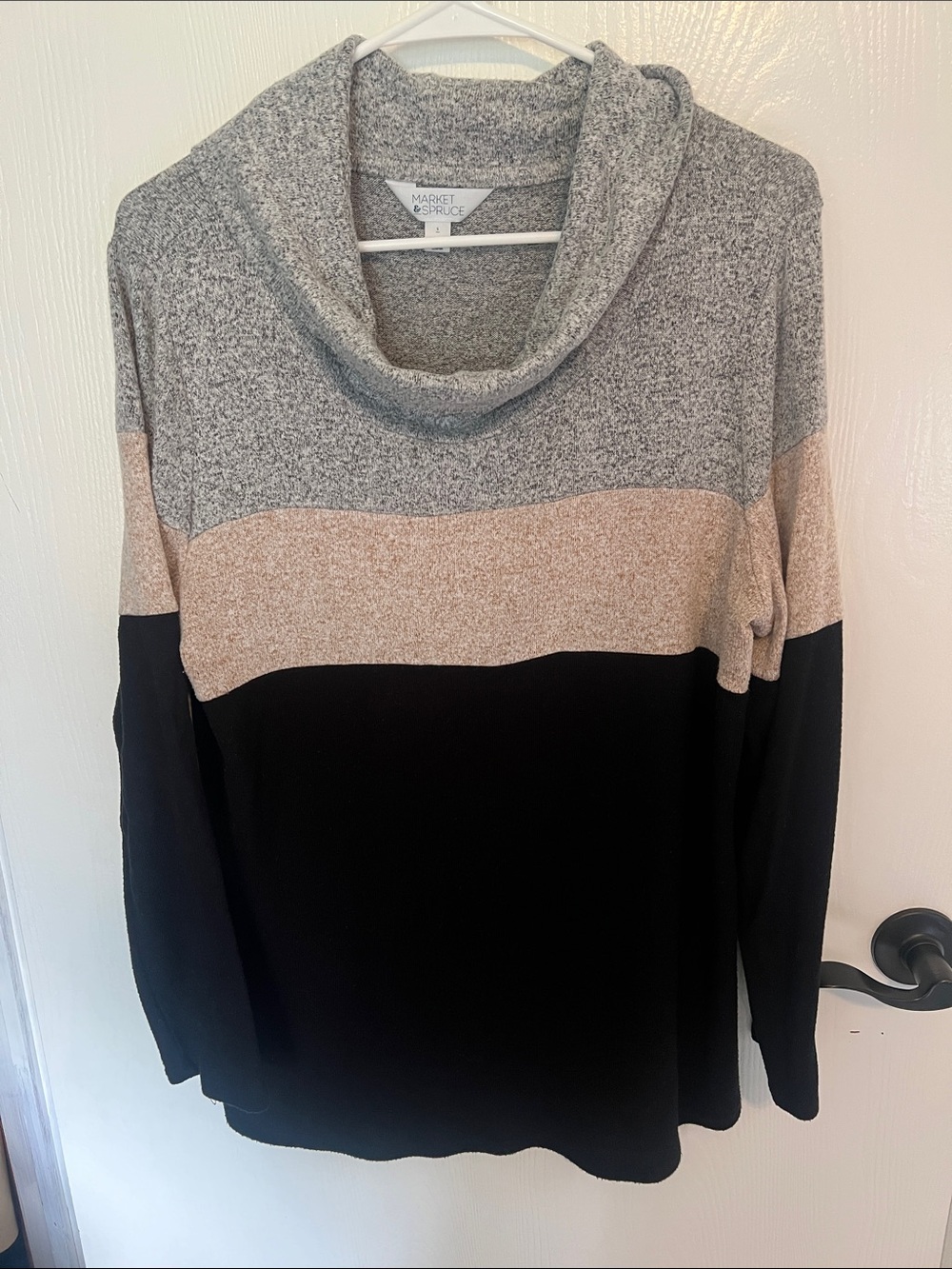Market & Spruce Three-Tone Cowl Neck Sweater in Gray, Cream & Black
